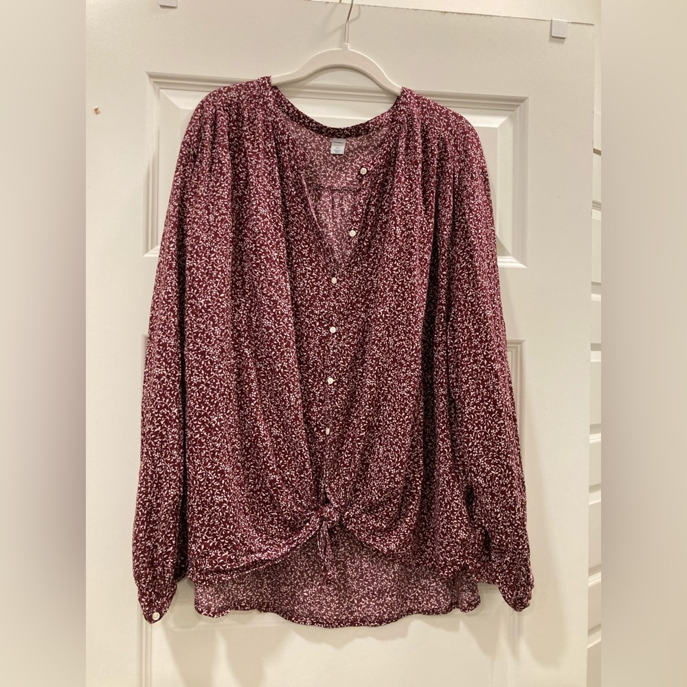 Old Navy Burgundy Floral Printed Button-Front Blouse with tie knot